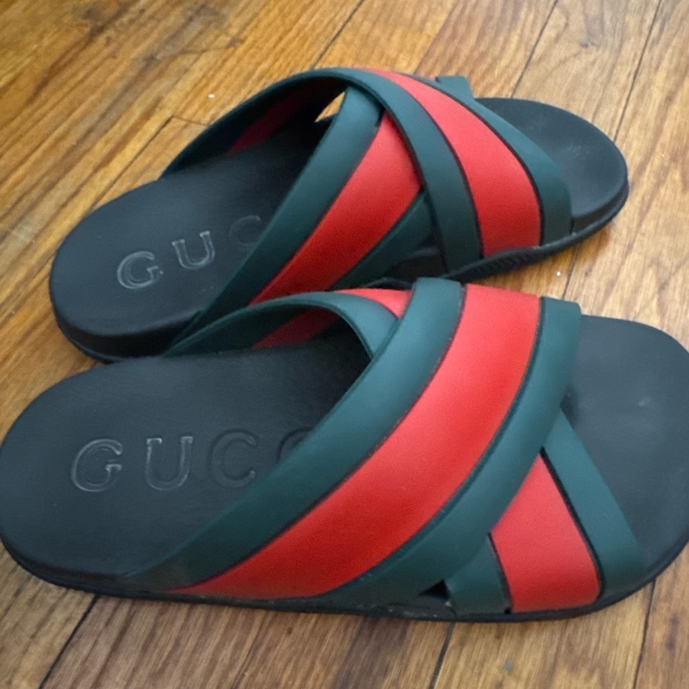 Gucci Black Slides with Red and Green Straps